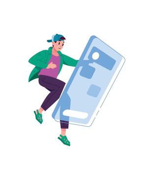 ilustración de un joven chico en frente de un grande teléfono inteligente pantalla en cero gravedad. el solicitud interfaz. Iniciar sesión en a tu personal cuenta. imagen para diseño proyectos, vector