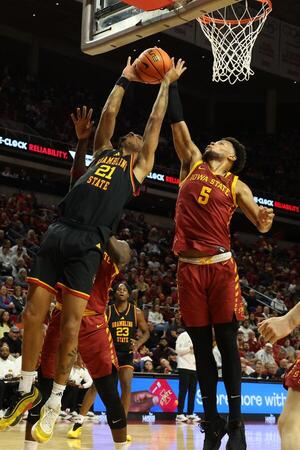 Grambling State Tigers forward Devyn Franklin (21) has his shot blocked by Iowa State Cyclones forward Joshua Jefferson (5) during the second half at James H. Hilton Coliseum. editorial_image