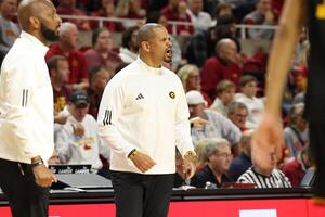 Grambling State Tigers head coach Patrick Crarey II watches his team play the Iowa State Cyclones during the first half at James H. Hilton Coliseum. editorial_image