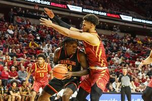 Grambling State Tigers center Randarius Jones (24) is defended by Iowa State Cyclones forward Joshua Jefferson (5) during the second half at James H. Hilton Coliseum. editorial_image