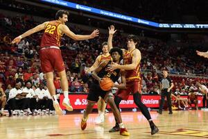 Iowa State Cyclones forward Milan Momcilovic (22) and Iowa State Cyclones forward Blake Buchanan (23) defend Grambling State Tigers Jimel Lane (5) during the second half at James H. Hilton Coliseum. editorial_image