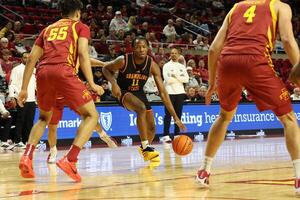 Iowa State Cyclones forward Xzavion Mitchell (55) and Iowa State Cyclones forward Eric Mulder (4) defends Grambling State Tigers guard Jamil Muttilib (11) during the second half at James H. Hilton Coliseum. editorial_image