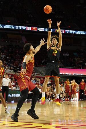 Iowa State Cyclones forward Joshua Jefferson (5) defends the shot from Grambling State Tigers forward Antonio Munoz (15) during the second half at James H. Hilton Coliseum. editorial_image