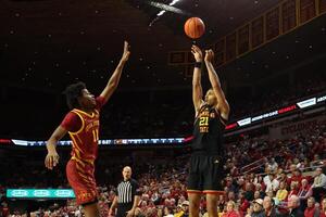 Iowa State Cyclones guard Dominick Nelson (11) defends the shot from Grambling State Tigers forward Devyn Franklin (21) during the second half at James H. Hilton Coliseum. editorial_image