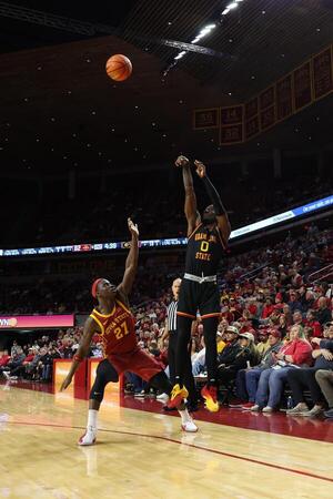 Grambling State Tigers guard Derrius Ward (0) shoots over Iowa State Cyclones guard Killyan Toure (27) during the second half at James H. Hilton Coliseum. editorial_image