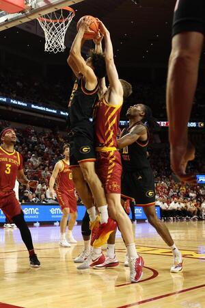 Grambling State Tigers forward Antonio Munoz (15) has his shot blocked by Iowa State Cyclones forward Dominykas Pleta (21) during the second half at James H. Hilton Coliseum. editorial_image