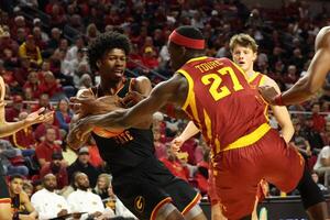 Grambling State Tigers Jimel Lane (5) is defended by Iowa State Cyclones guard Killyan Toure (27) during the second half at James H. Hilton Coliseum. editorial_image