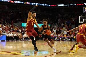 Iowa State Cyclones forward Joshua Jefferson (5) defends Grambling State Tigers forward Roderick Coffee III (1) during the second half at James H. Hilton Coliseum. editorial_image