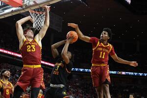 Grambling State Tigers forward Rickey Ballard (3) has his shot blocked by Iowa State Cyclones guard Dominick Nelson (11) during the second half at James H. Hilton Coliseum. editorial_image