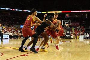Grambling State Tigers forward Mekhi Fitts (23) is defended by Iowa State Cyclones forward Eric Mulder (4) and Iowa State Cyclones forward Joshua Jefferson (5) during the second half at James H. Hilton Coliseum. editorial_image