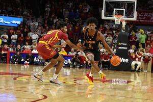Iowa State Cyclones guard Dominick Nelson (11) defends Grambling State Tigers Jimel Lane (5) during the second half at James H. Hilton Coliseum. editorial_image