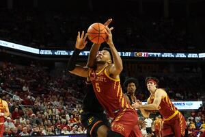 Iowa State Cyclones forward Joshua Jefferson (5) draws a foul from Grambling State Tigers forward Richard Amaefule (10) during the first half at James H. Hilton Coliseum. editorial_image