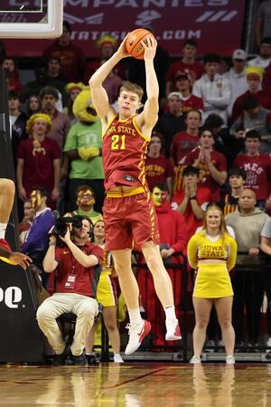 Iowa State Cyclones forward Dominykas Pleta (21) grabs a rebound in their game with the Grambling State Tigers during the first half at James H. Hilton Coliseum. editorial_image