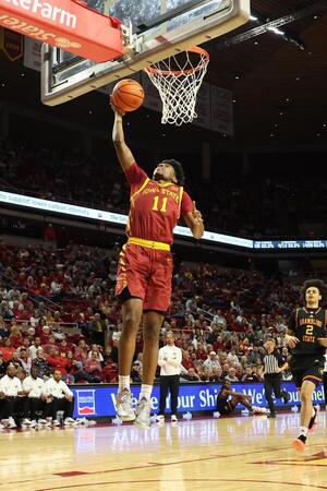 Iowa State Cyclones guard Dominick Nelson (11) scores against the Grambling State Tigers during the first half at James H. Hilton Coliseum. editorial_image