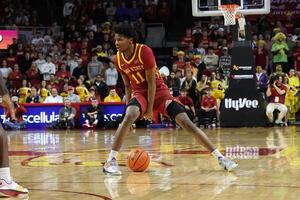 Iowa State Cyclones guard Dominick Nelson (11) sets the offense against the Grambling State Tigers during the first half at James H. Hilton Coliseum. editorial_image