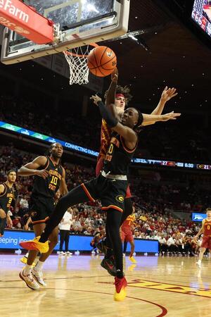 Iowa State Cyclones forward Blake Buchanan (23) blocks the shot from Grambling State Tigers guard Derrius Ward (0) during the first half at James H. Hilton Coliseum. editorial_image