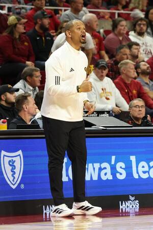 Grambling State Tigers head coach Patrick Crarey II watches his team play the Iowa State Cyclones during the first half at James H. Hilton Coliseum. editorial_image