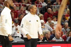 Grambling State Tigers head coach Patrick Crarey II watches his team play the Iowa State Cyclones during the first half at James H. Hilton Coliseum. editorial_image