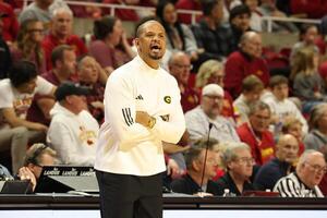 Grambling State Tigers head coach Patrick Crarey II watches his team play the Iowa State Cyclones during the first half at James H. Hilton Coliseum. editorial_image