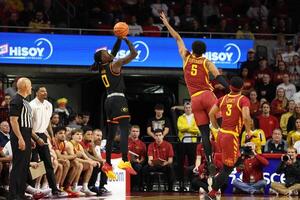Grambling State Tigers guard Derrius Ward (0) shoots over the arms of Iowa State Cyclones forward Joshua Jefferson (5) during the first half at James H. Hilton Coliseum. editorial_image