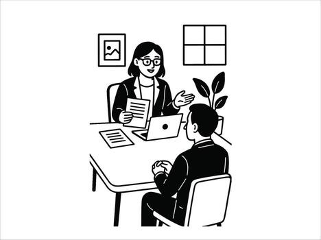 flat style HR manager interviewing candidate at office table with laptop and papers vector