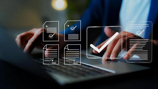 Online document validation and quality assessment management, businessman reviewing checklist for business document evaluation, consulting, and market data report analysis. photo