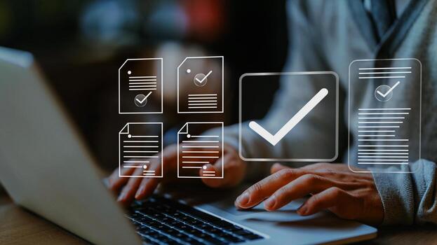 Online document validation and quality assessment management, businessman reviewing checklist for business document evaluation, consulting, and market data report and analysis. photo