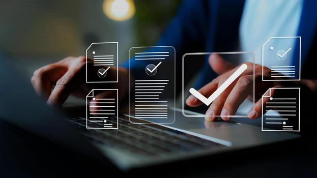 Online document validation and quality assessment management, businessman reviewing checklist for business document evaluation, consulting, and market data report and analysis photo