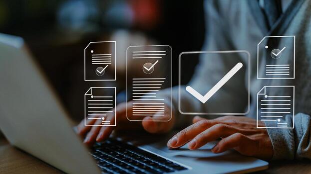 Online document validation and quality assessment management, businessman reviewing checklist for business document evaluation, consulting, and market data report photo