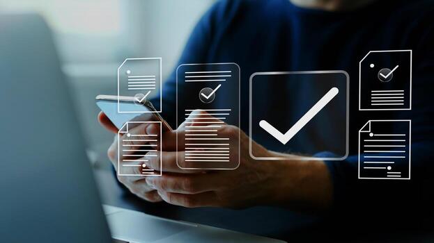 Online document validation and quality assessment management, businessman reviewing checklist for business document evaluation, consulting, and market data report. photo