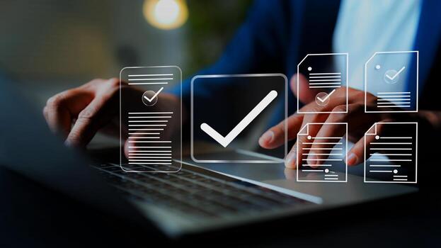 Online document validation and quality assessment management, businessman reviewing checklist for business document evaluation, consulting, and market data report analysis photo