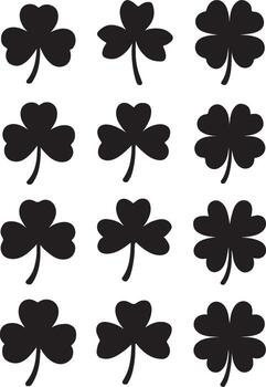 Black silhouette shamrock and four leaf clover icons arranged in a grid pattern luck lucky vector