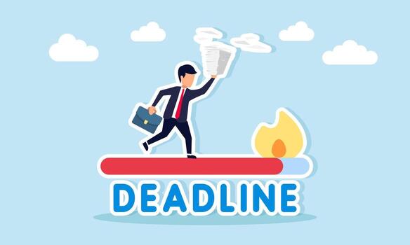 Businessman carrying a stack of paperwork running on a deadline bar with sparks illustration of business project deadline vector