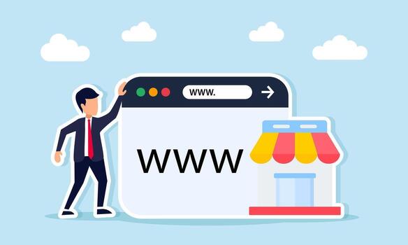 Businessman standing near an app interface and a miniature store illustration of business marketing using internet or search engine optimization vector