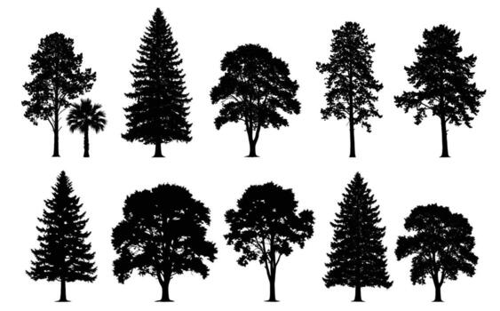 Collection of diverse tree silhouettes, showcasing various shapes and sizes of deciduous and coniferous trees, perfect for landscape design and naturethemed projects vector