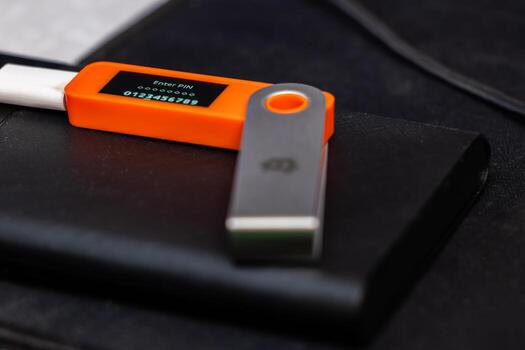 Close-up view of Hardware Bitcoin wallet with message Enter PIN photo