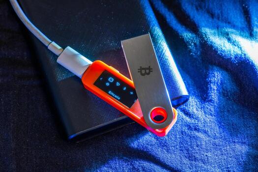 Hardware Bitcoin wallet in dark setting. The scene is illuminated by artificial light, conveying a secure and futuristic mood. photo