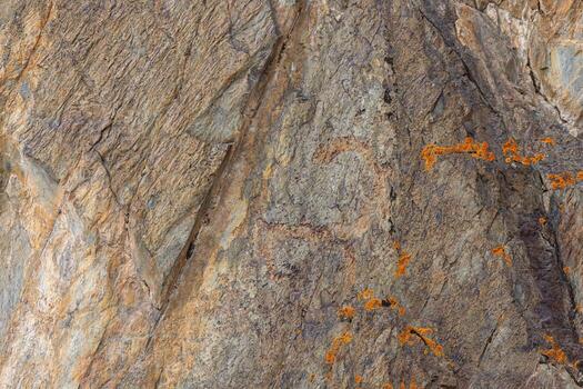 Rough sedimentary rock with vibrant orange lichen and triangular structure - texture and full-frame background photo