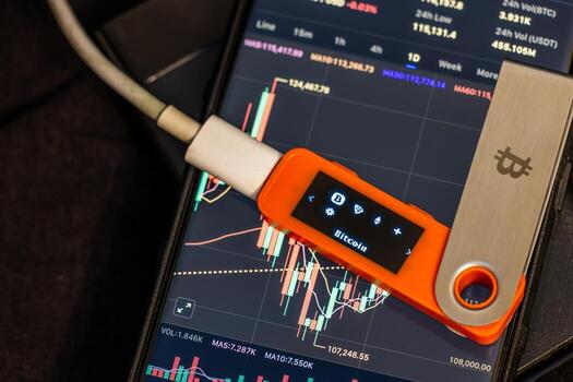 Close-up view of Ethereum hardware wallet connected to smartphone showing cryptocurrency price chart. photo