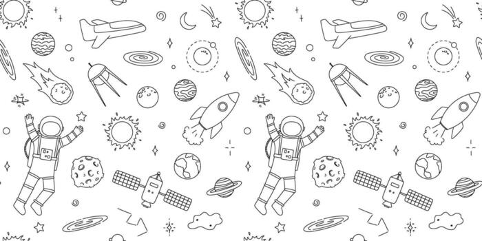 Seamless pattern with space line art. Doodle hand drawn illustrations, repeating backdrop vector