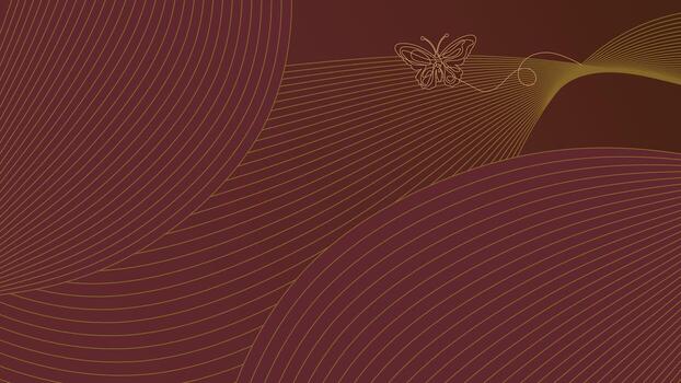 Minimalist Gold Line Art Butterfly with Curved Wave Pattern on Maroon Brown Gradient for Elegant Abstract Background and Luxury Wallpaper Design vector