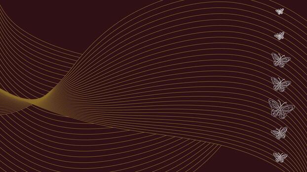 Minimalist Golden Line Art Butterfly Pattern with Flowing Curved Waves on Maroon Brown Gradient for Elegant Abstract Background and Luxury Branding Design vector