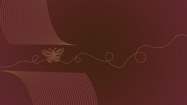 Minimalist Gold Line Art Butterfly with Curved Wave Pattern on Maroon Brown Gradient for Luxury Abstract Background and Elegant Wallpaper Design vector