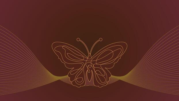 Minimalist Golden Line Art Butterfly with Smooth Curved Wave Pattern on Maroon Brown Gradient for Luxury Abstract Background and Elegant Branding Design vector