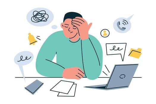 flat cartoon illustration of stressed worker at laptop surrounded by urgent tasks and notifications. Concept of burnout, multitasking, mental overload, tired employee, office stress, pressure vector