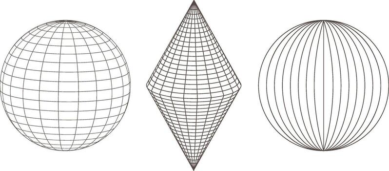 Three wireframe geometric shapes including two spheres and a diamond shape with grid lines vector