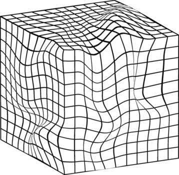 Abstract 3d wireframe cube with distorted grid pattern showing warped surface and dimensional deformation vector