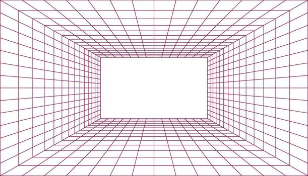 Abstract 3d perspective grid tunnel with bright white light at the end creating a sense of depth and infinity vector