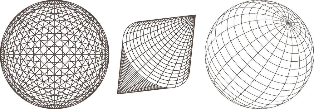Tres resumen geométrico estructura metálica formas incluso un esfera y un deformado cuadrado en un blanco antecedentes vector