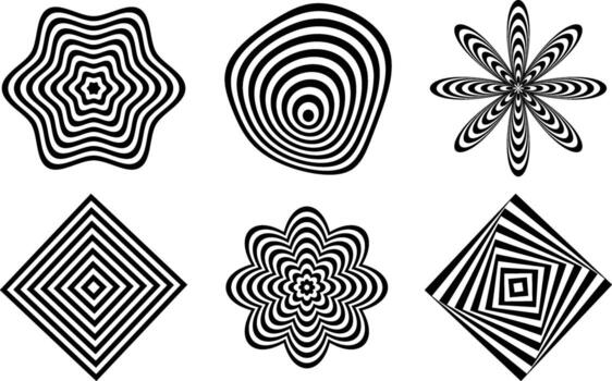Six abstract optical illusion geometric shapes and patterns in black and white vector
